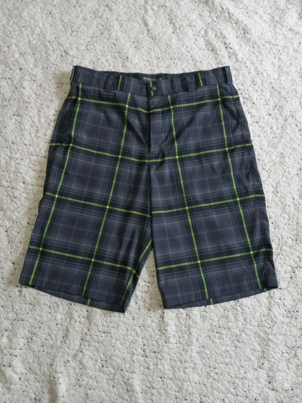 Nike Men's Plaid Golf Performance Shorts - Gray with Lime Accents Size 32